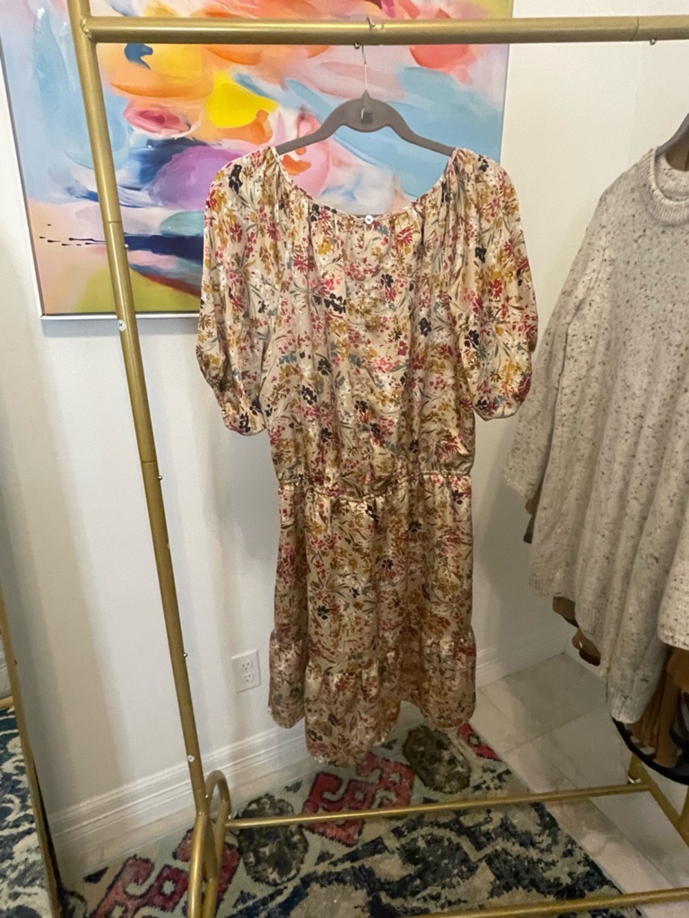 Ann Taylor Floral Elastic-Waist Midi Dress in Cream and Multicolor Large - Picture 6 of 6